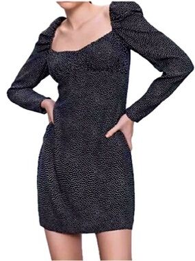 ZARA Mini Polka Dot Milkmaid Dress Size Small Puff Long Sleeve Black & White